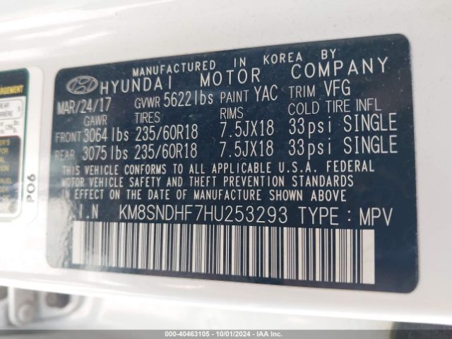KM8SNDHF7HU253293 Hyundai Santa Fe Se