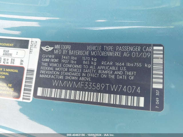 2009 MINI COOPER WMWMF33589TW74074 Photo 8