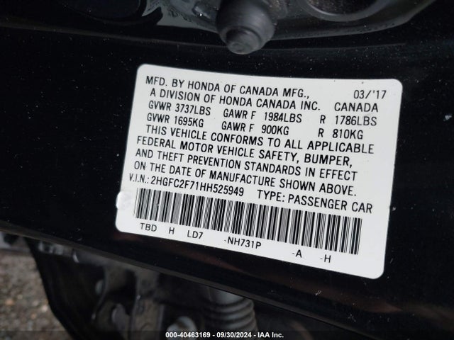 Honda CIVIC EX 2017 2HGFC2F71HH525949 Image 9