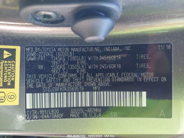 Toyota Highlander Xle 2019 5TDJZRFH7KS569519 Image 9