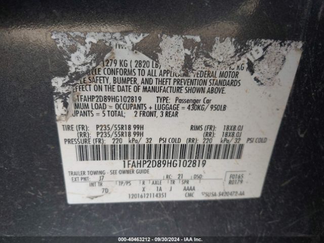 1FAHP2D89HG102819 Ford TAURUS SE