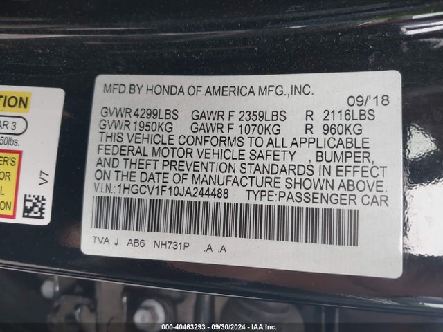 Honda ACCORD LX 2018 1HGCV1F10JA244488 Image 9