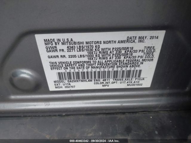 4A4AP3AU5EE030438 Mitsubishi Outlander Sport Es