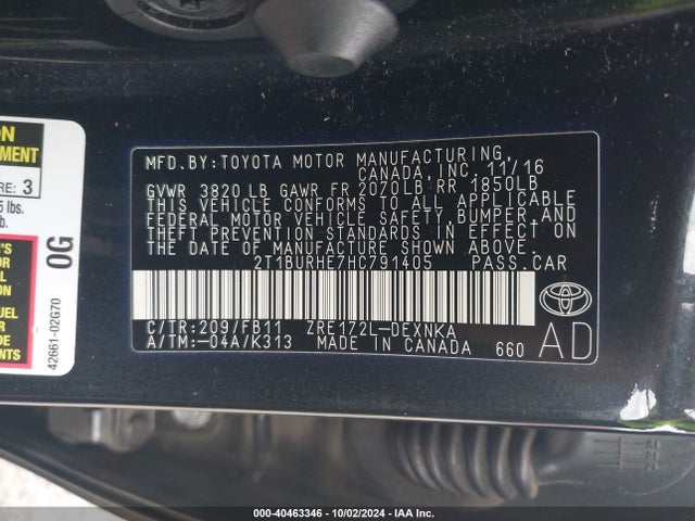 Toyota COROLLA LE 2017 2T1BURHE7HC791405 Image 9