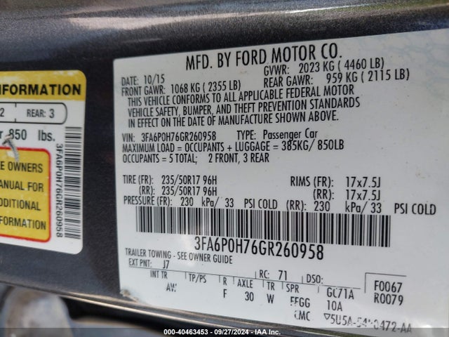 Ford FUSION SE 2016 3FA6P0H76GR260958 Image 9