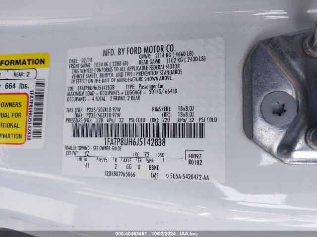 1FATP8UH6J5142838 Ford Mustang