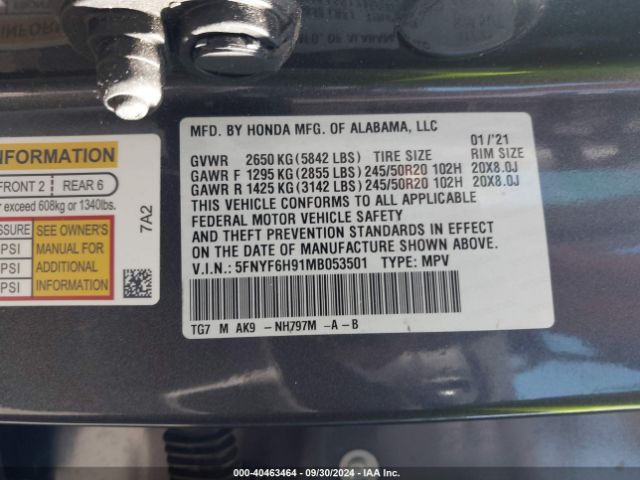 5FNYF6H91MB053501 Honda Pilot Awd Touring 8 Passenger