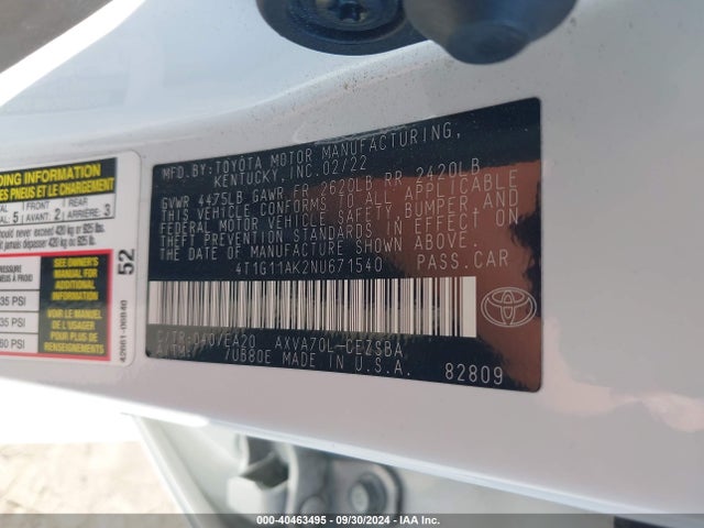 Toyota CAMRY SE 2022 4T1G11AK2NU671540 Image 9