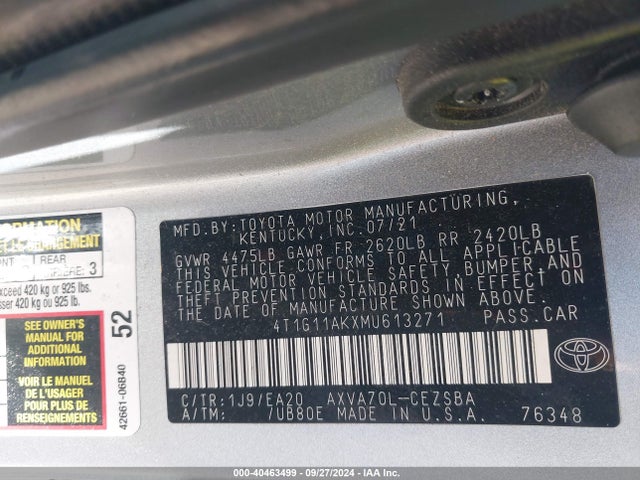 Toyota CAMRY SE 2021 4T1G11AKXMU613271 Image 9