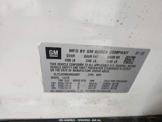 KL7CJKSM6NB550687 Chevrolet Trax Fwd Ls