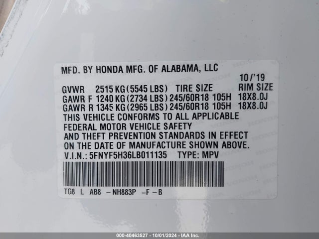 Honda Pilot 2wd Ex 2020 5FNYF5H36LB011135 Image 9