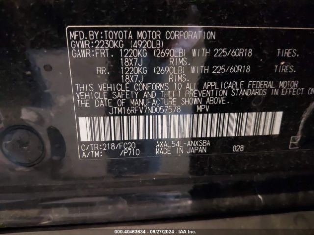 JTM16RFV7ND057578 Toyota Rav4 Hybrid Se