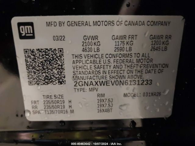 2GNAXWEV0N6131233 Chevrolet Equinox Awd Rs