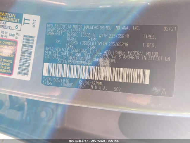 Toyota Highlander Xle 2021 5TDHZRBH9MS098464 Image 9