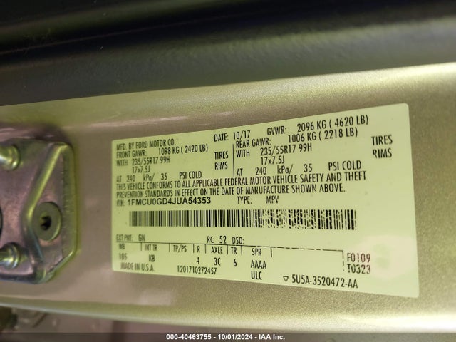 Ford ESCAPE SE 2018 1FMCU0GD4JUA54353 Image 9