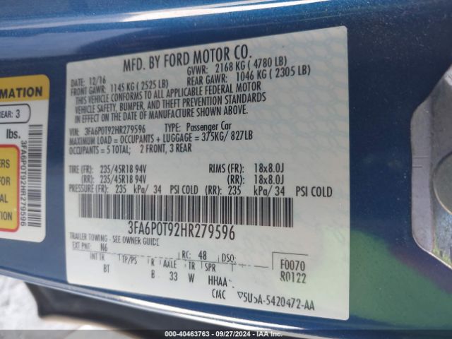 3FA6P0T92HR279596 Ford FUSION SE