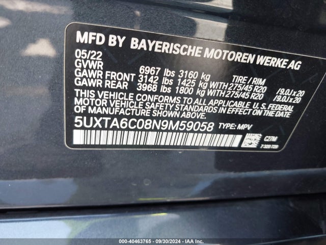 BMW X5 Phev Xdrive45e 2022 5UXTA6C08N9M59058 Image 9