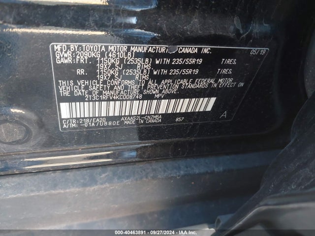 Toyota Rav4 Xle Premium 2019 2T3C1RFV4KC008748 Image 9