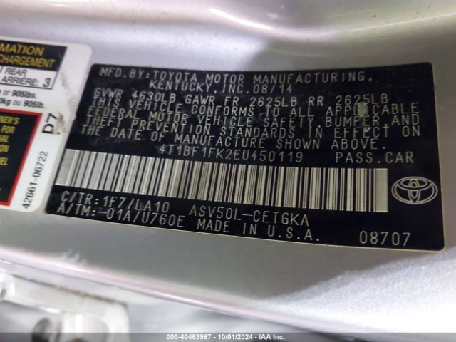 4T1BF1FK2EU450119 Toyota CAMRY XLE