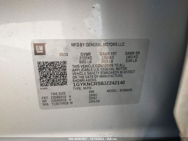 1GYKNCRS8JZ242140 Cadillac XT5 LUXURY