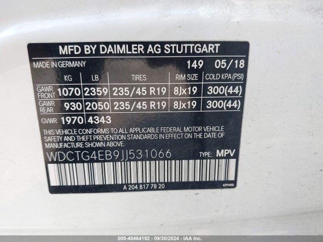 WDCTG4EB9JJ531066 Mercedes-Benz GLA 250