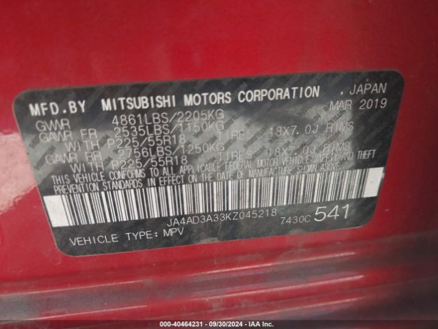 2019 MITSUBISHI OUTLANDER JA4AD3A33KZ045218 Photo 8