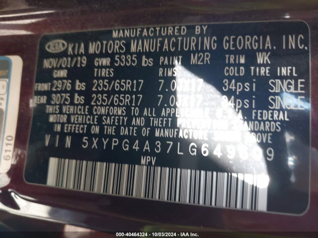 KIA Sorento 2.4l Lx 2020 5XYPG4A37LG649609 Image 9