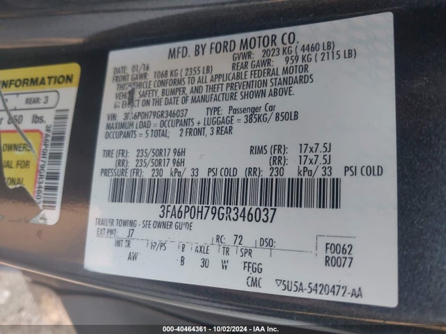 Ford FUSION SE 2016 3FA6P0H79GR346037 Image 9