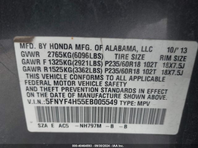 5FNYF4H55EB005549 Honda Pilot Ex-l