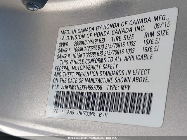 Honda CR-V LX 2015 2HKRM4H3XFH697058 Image 9