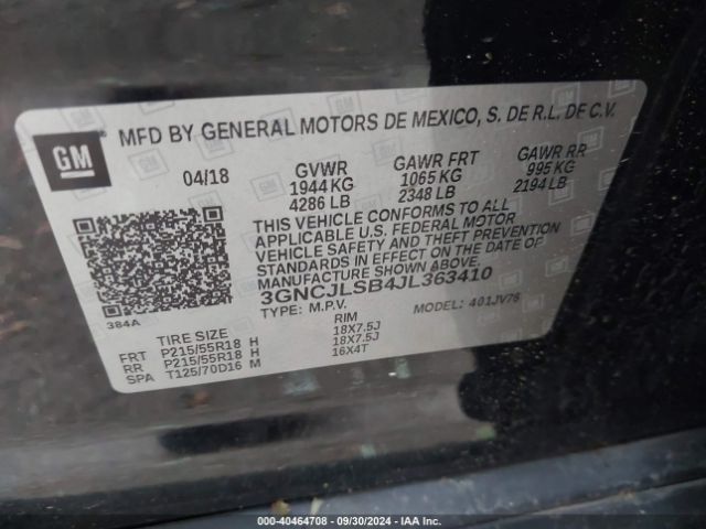 3GNCJLSB4JL363410 Chevrolet Trax Lt