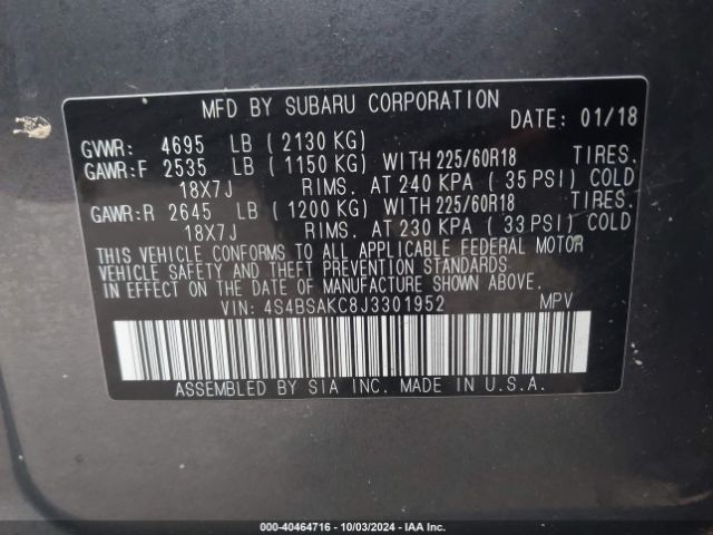 4S4BSAKC8J3301952 Subaru Outback 2.5i Limited