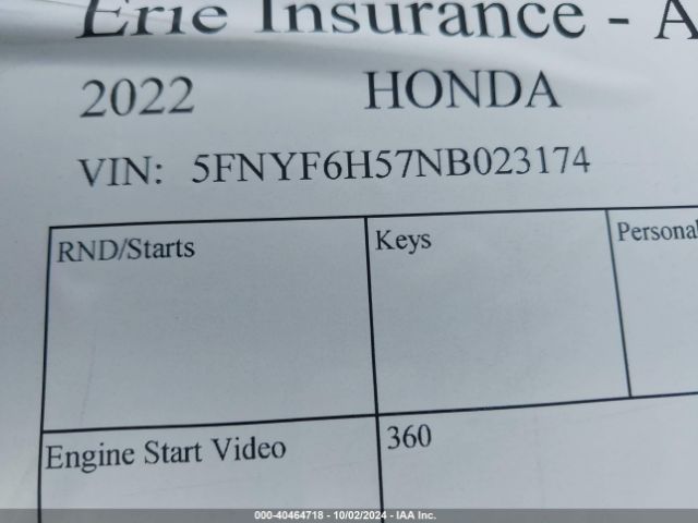 5FNYF6H57NB023174 Honda Pilot Awd Ex-l