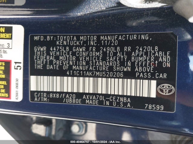 4T1C11AK7MU520206 Toyota a25a-fks