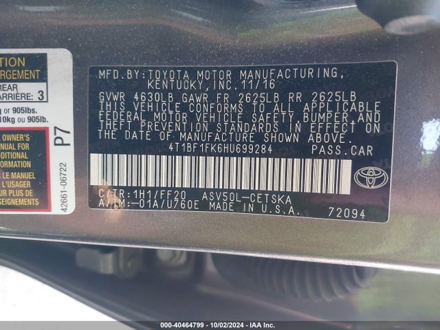 Toyota CAMRY SE 2017 4T1BF1FK6HU699284 Image 9