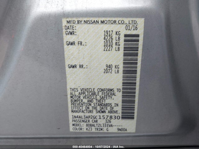 Nissan Altima 2.5 Sl 2016 1N4AL3AP2GC157830 Image 9