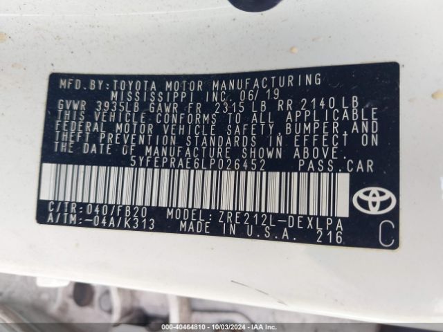 5YFEPRAE6LP026452 Toyota COROLLA LE