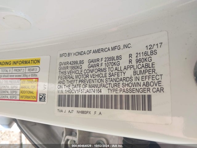 Honda Accord Ex-l 2018 1HGCV1F57JA074164 Image 9