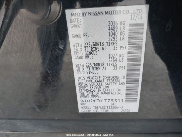 5N1AT2MT7GC775511 Nissan Rogue S/sl/sv