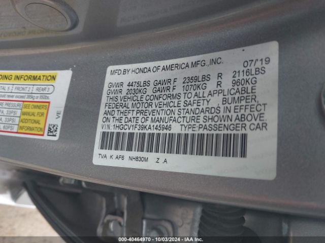 1HGCV1F39KA145946 Honda Accord Sport