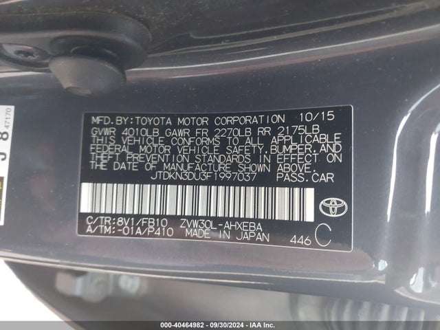 Toyota Prius Two 2015 JTDKN3DU3F1997037 Image 9