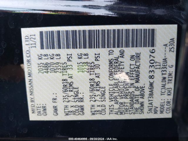 5N1AT3BA6MC833076 Nissan Rogue Sv Fwd