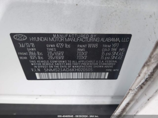 5NMS23AD6KH020505 Hyundai Santa Fe Se