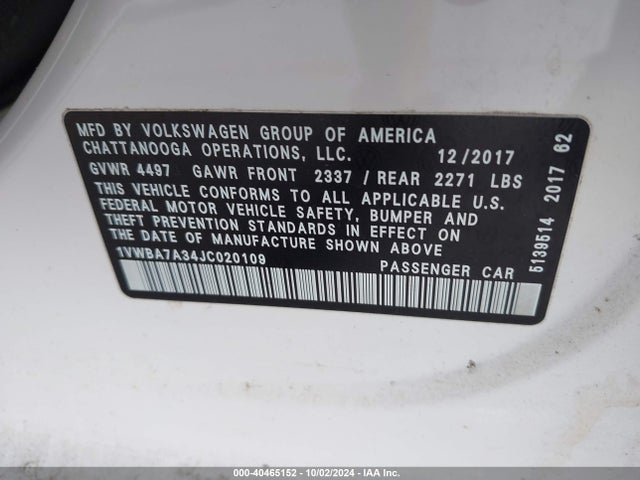 1VWBA7A34JC020109 Volkswagen Passat 2.0t Se