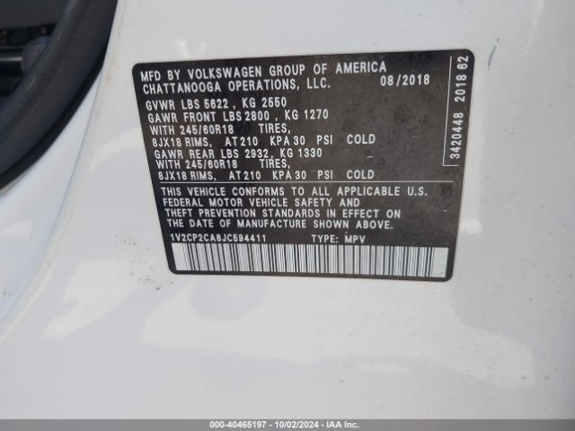 1V2CP2CA8JC594411 Volkswagen Atlas 2.0t Se