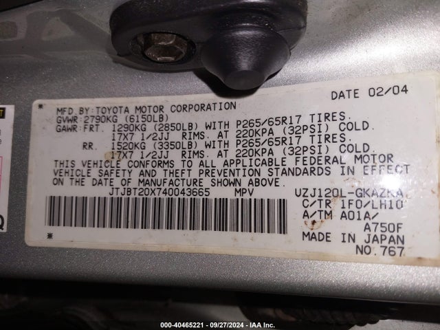 Aukcja sprzedaży 2004 Lexus Gx 470, vin: JTJBT20X740043665, numer aukcji: 40465221