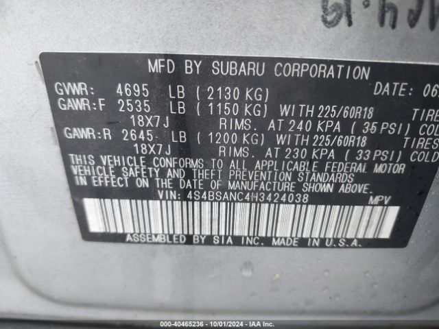 4S4BSANC4H3424038 Subaru Outback 2.5i Limited
