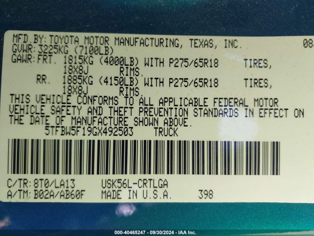 5TFBW5F19GX492503 Toyota Tundra Limited 5.7l V8