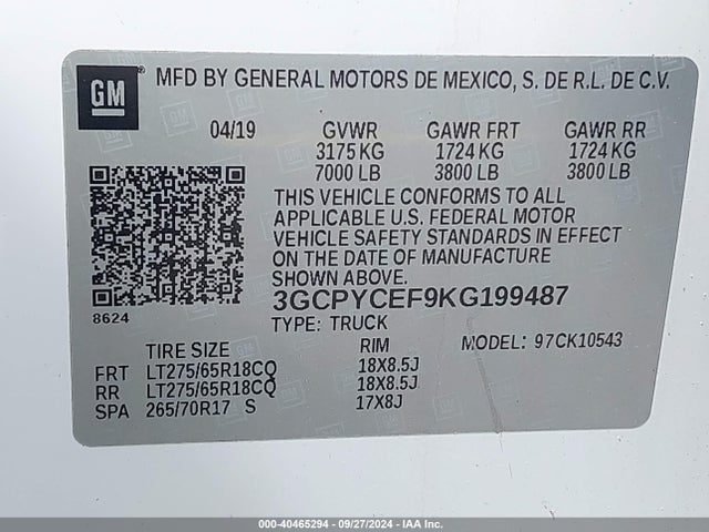 Chevrolet Silverado 1500 Custom Trail Boss 2019 3GCPYCEF9KG199487 Image 9