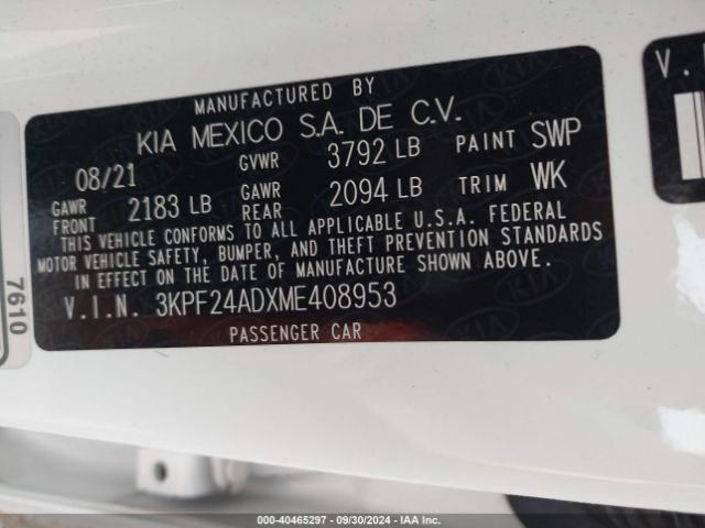 3KPF24ADXME408953 KIA Forte Lxs